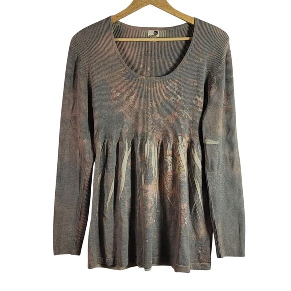 One World Babydoll Knit Sweater Top Brown XL Long Sleeve Ribbed Scoop Floral Y2K - Picture 1 of 7